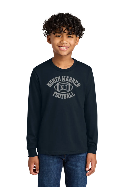 Child wearing a navy long-sleeve shirt with 'North Warren Football' text on a white background. Paper Street Print Co, Blairstown, NJ.