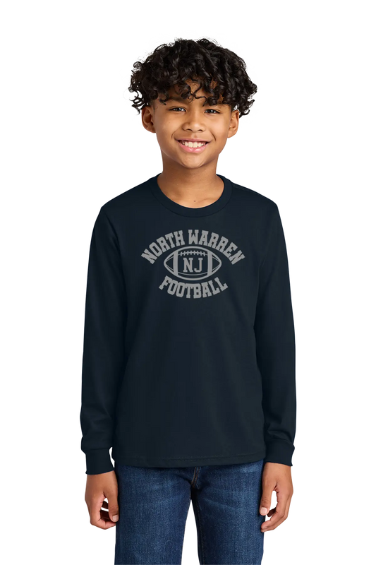 Child wearing a navy long-sleeve shirt with 'North Warren Football' text on a white background. Paper Street Print Co, Blairstown, NJ.