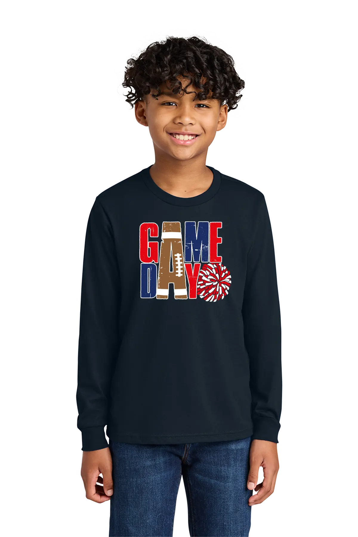 Child wearing a black long-sleeve shirt with 'GAMEDAY' design on a white background. Paper Street Print Co, Blairstown, NJ.
