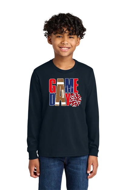 Child wearing a black long-sleeve shirt with 'GAMEDAY' design on a white background. Paper Street Print Co, Blairstown, NJ.