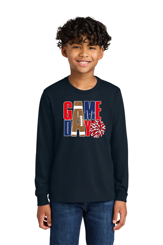 Child wearing a black long-sleeve shirt with 'GAMEDAY' design on a white background. Paper Street Print Co, Blairstown, NJ.
