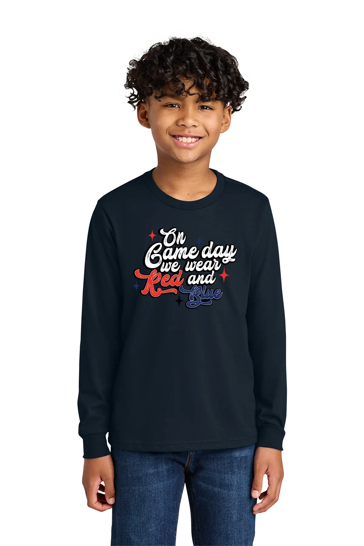 Child wearing a black long-sleeve shirt with colorful text on a white background. Paper Street Print Co, Blairstown, NJ.