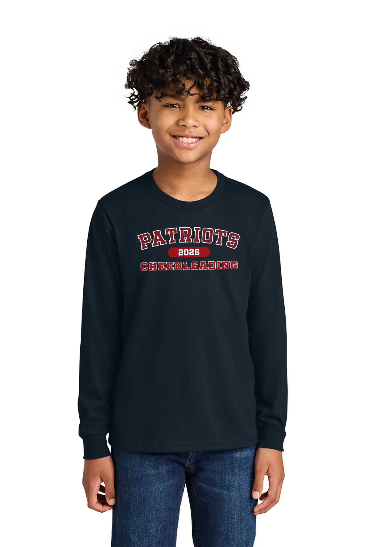 Child wearing a navy long-sleeve shirt with 'Patriots Cheerleading' text on a white background. Paper Street Print Co, Blairstown, NJ.