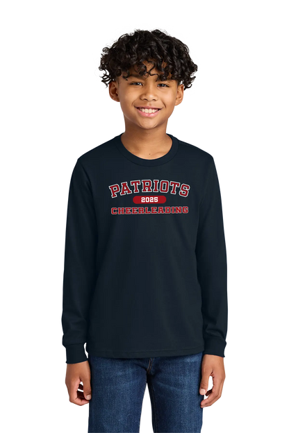 Child wearing a navy long-sleeve shirt with 'Patriots Cheerleading' text on a white background. Paper Street Print Co, Blairstown, NJ.