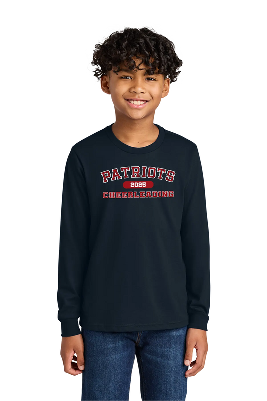 Child wearing a navy long-sleeve shirt with 'Patriots Cheerleading' text on a white background. Paper Street Print Co, Blairstown, NJ.