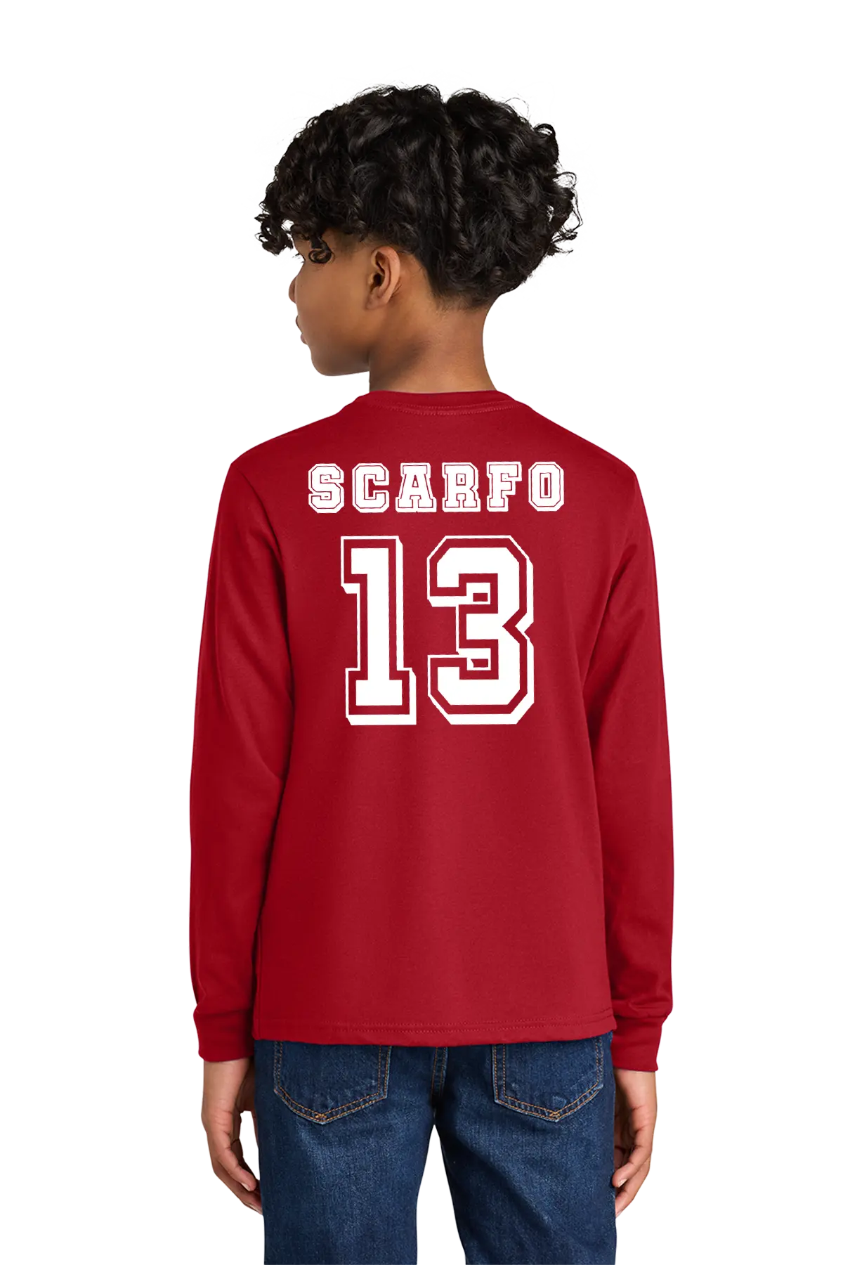 Person wearing a red long-sleeve shirt with 'SCARFO 13' printed on the back, standing against a white background. Paper Street Print Co, Blairstown, NJ.