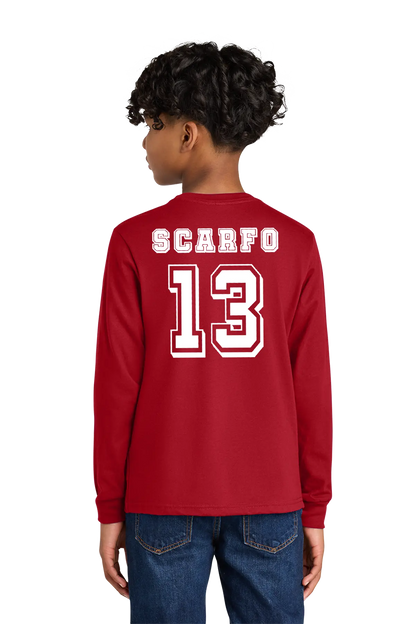 Person wearing a red long-sleeve shirt with 'SCARFO 13' printed on the back, standing against a white background. Paper Street Print Co, Blairstown, NJ.