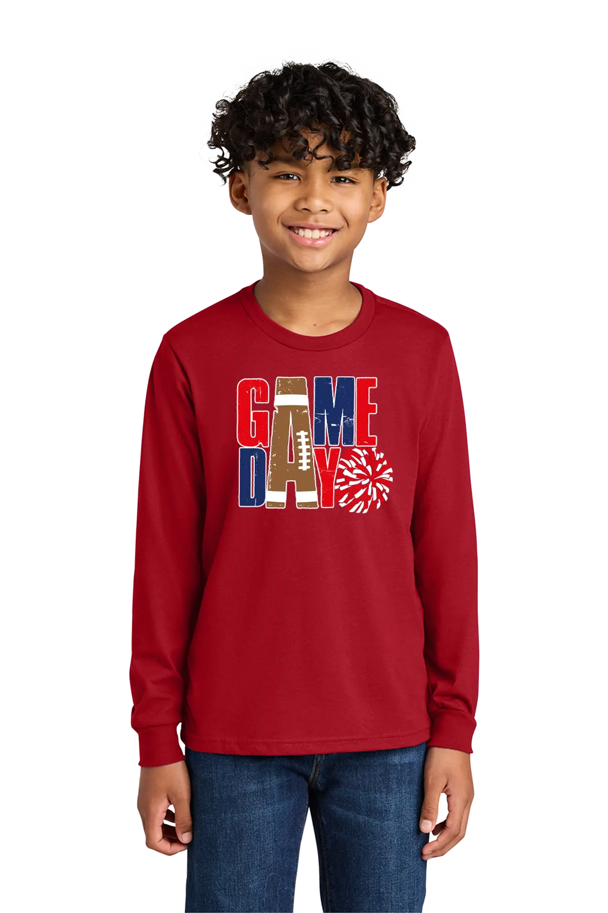 Child wearing a red 'Game Day' shirt with sports-themed graphics on a white background. Paper Street Print Co, Blairstown, NJ.