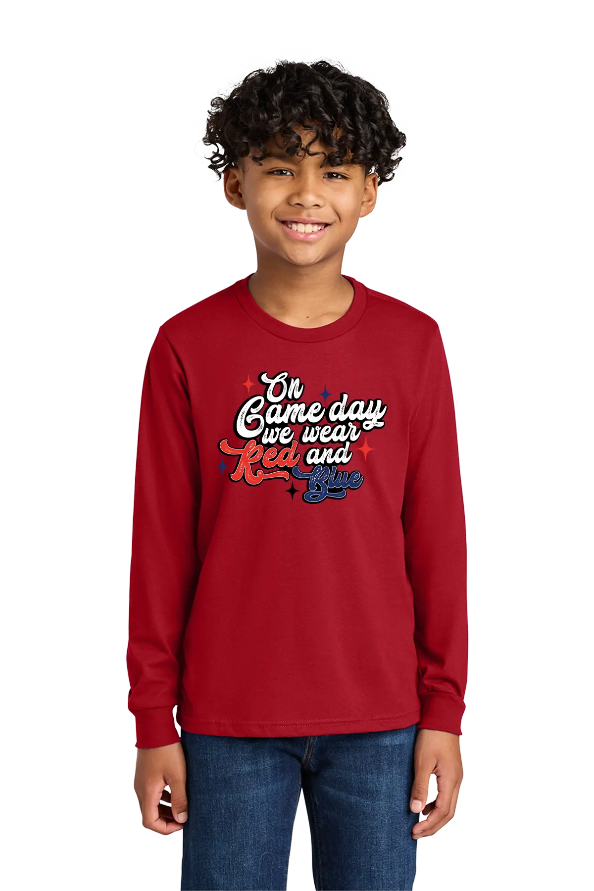 Child wearing a red long-sleeve shirt with text on a white background. Paper Street Print Co, Blairstown, NJ.