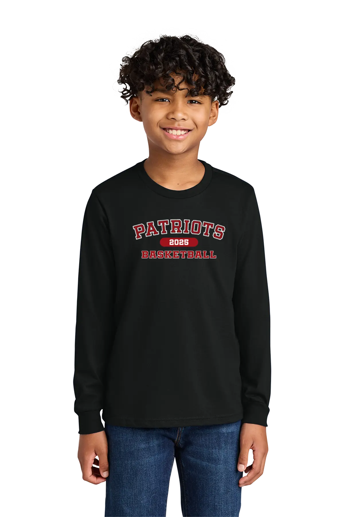 Child wearing a black long-sleeve shirt with 'Patriots Basketball' text on a white background. Paper Street Print Co, Blairstown, NJ.