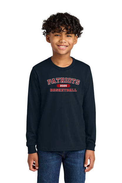 Child wearing a navy long-sleeve shirt with 'Patriots Basketball' text on a white background. Paper Street Print Co, Blairstown, NJ.