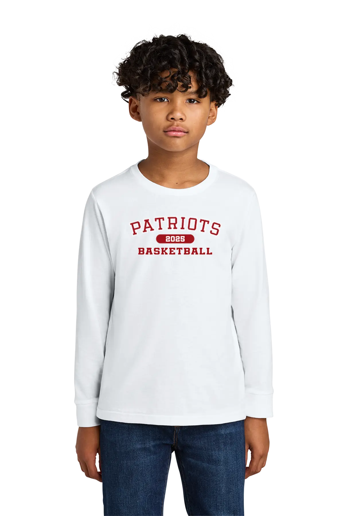 Child wearing a white long-sleeve shirt with 'Patriots Basketball' text on a white background. Paper Street Print Co, Blairstown, NJ.