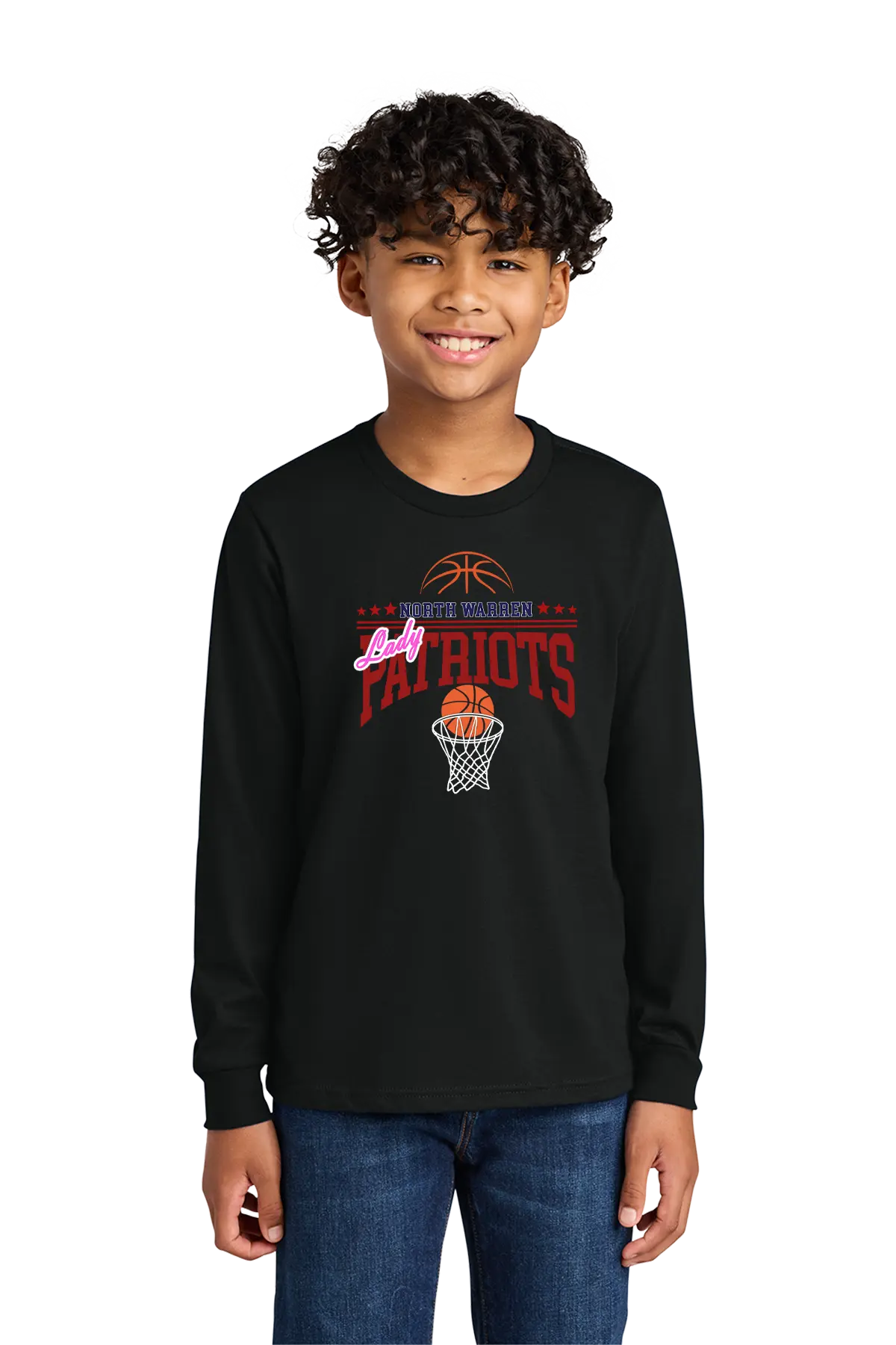 Child wearing a black long-sleeve shirt with 'Patriots' and basketball graphics on a white background. Paper Street Print Co, Blairstown, NJ.