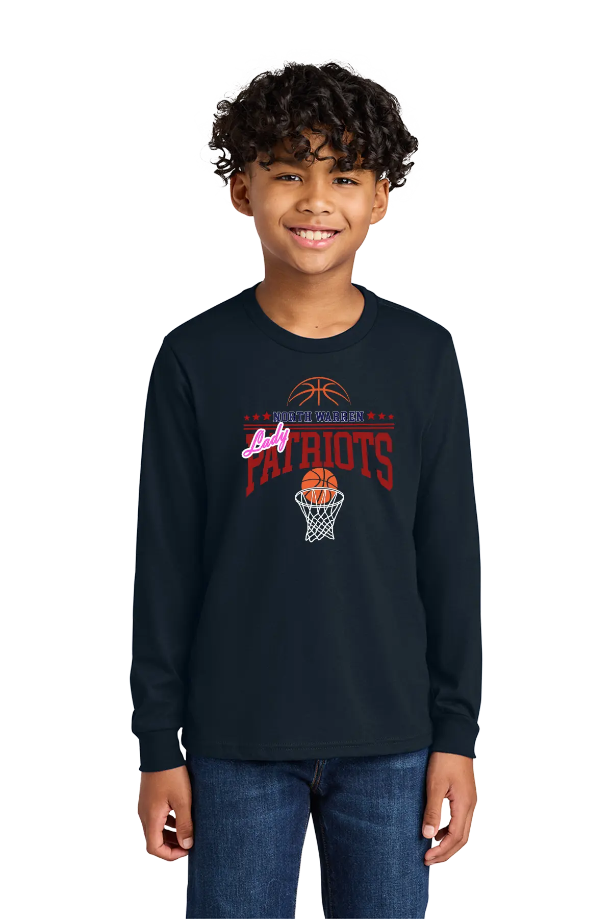 Child wearing a navy long-sleeve shirt with sports-themed design on a white background. Paper Street Print Co, Blairstown, NJ.