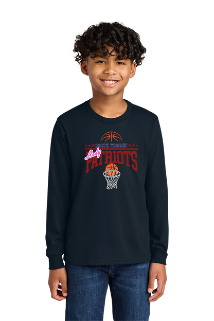Child wearing a navy long-sleeve shirt with sports-themed design on a white background. Paper Street Print Co, Blairstown, NJ.