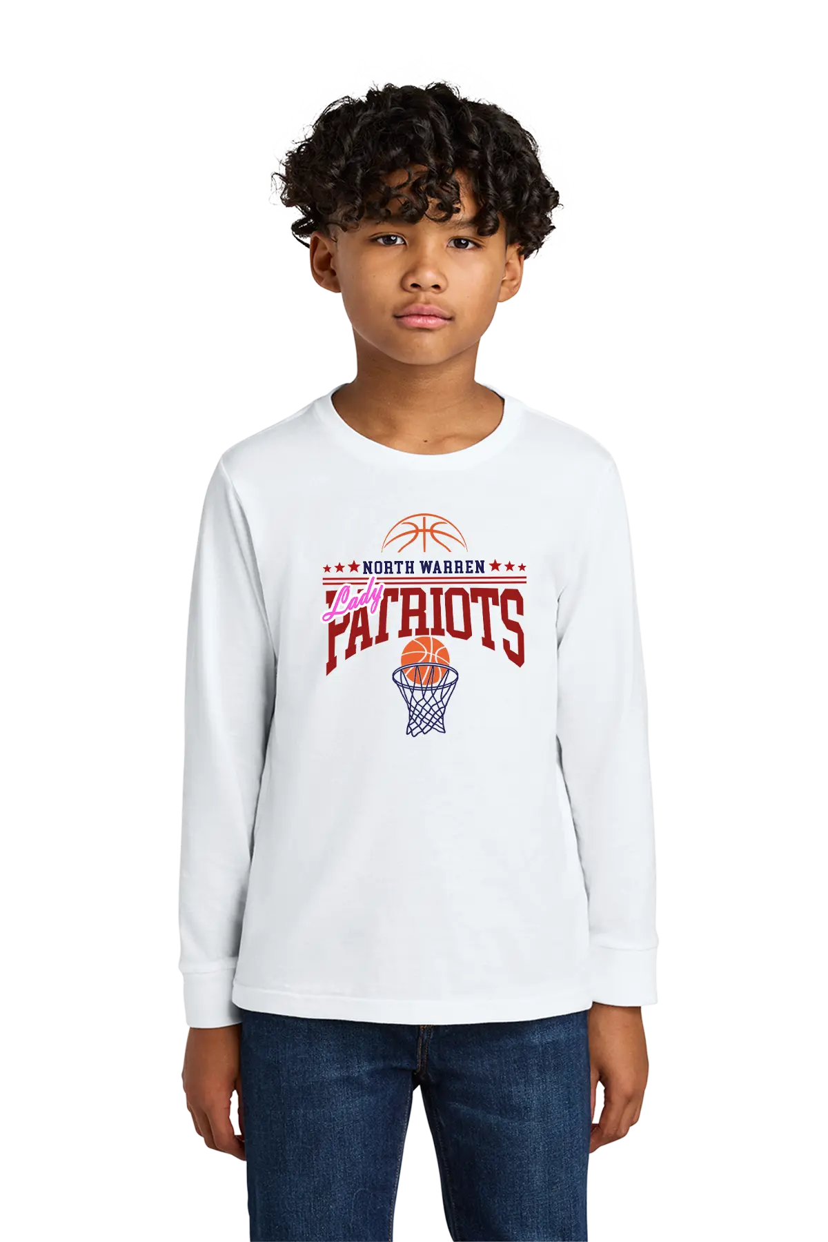 Child wearing a white long-sleeve shirt with 'North Warren Patriots' print on a white background. Paper Street Print Co, Blairstown, NJ.