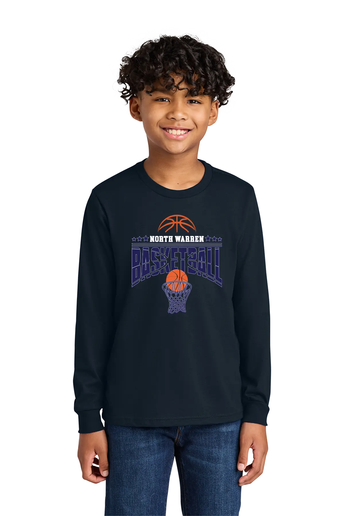 Child wearing a black long-sleeve shirt with a basketball design on a white background. Paper Street Print Co, Blairstown, NJ.