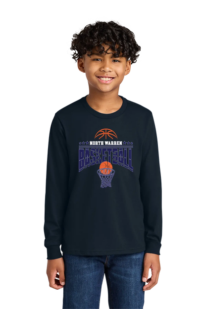 Child wearing a black long-sleeve shirt with a basketball design on a white background. Paper Street Print Co, Blairstown, NJ.