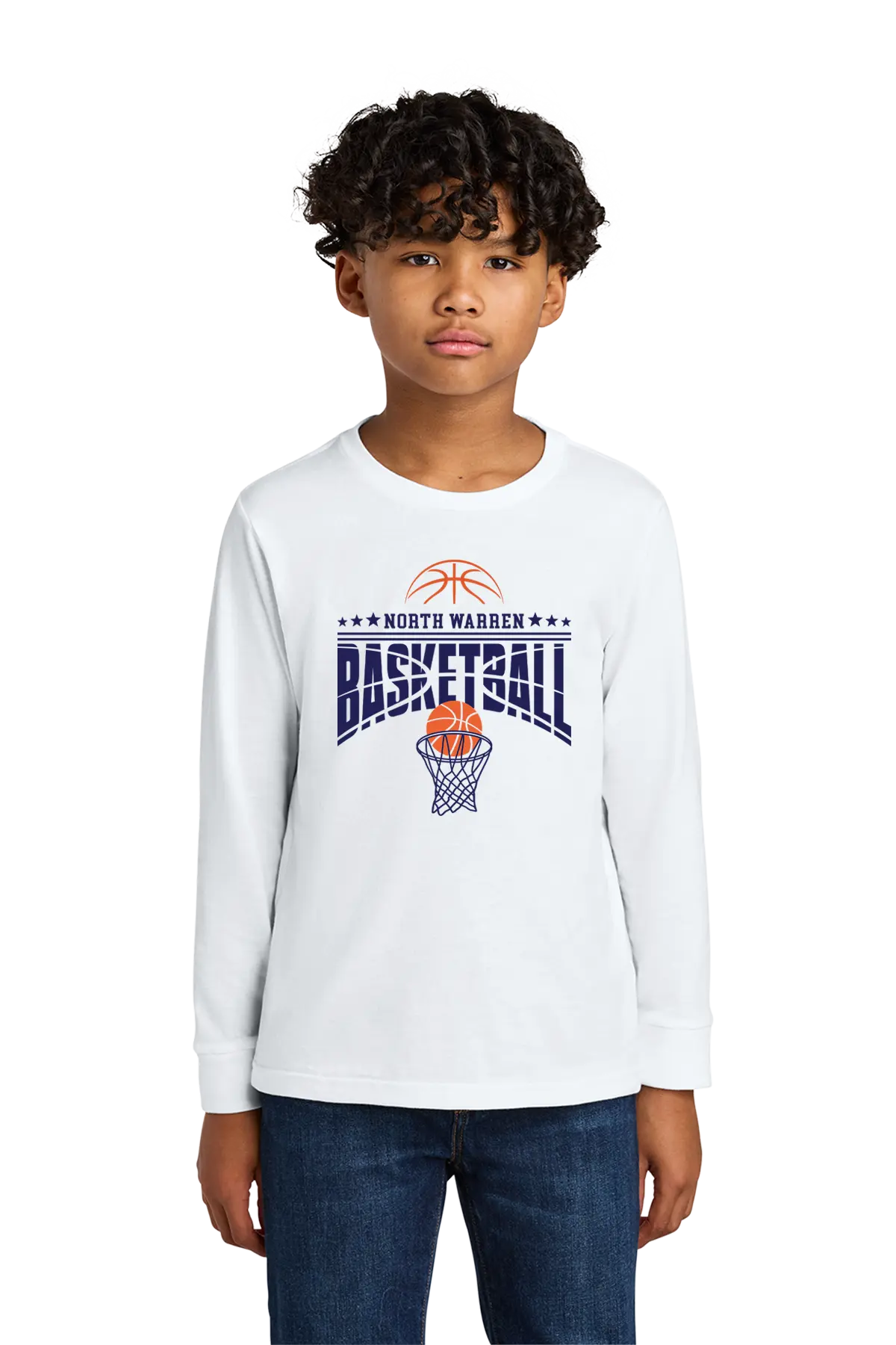 Child wearing a white long-sleeve shirt with basketball graphics and text on a white background. Paper Street Print Co, Blairstown, NJ.