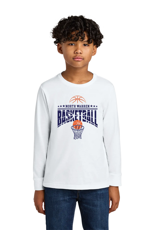 Child wearing a white long-sleeve shirt with basketball graphics and text on a white background. Paper Street Print Co, Blairstown, NJ.