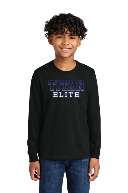 Child wearing a black long-sleeve shirt with 'Titan Elite' text on a white background. Paper Street Print Co, Blairstown, NJ.