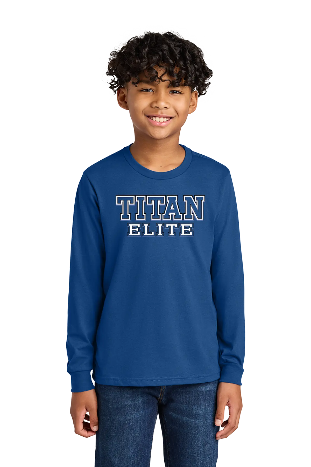 Child wearing a blue 'Titan Elite' long-sleeve shirt on a white background. Paper Street Print Co, Blairstown, NJ.