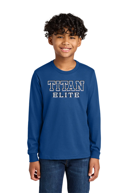 Child wearing a blue 'Titan Elite' long-sleeve shirt on a white background. Paper Street Print Co, Blairstown, NJ.