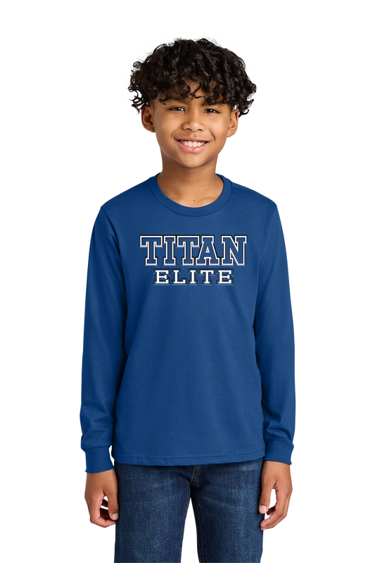 Child wearing a blue 'Titan Elite' long-sleeve shirt on a white background. Paper Street Print Co, Blairstown, NJ.