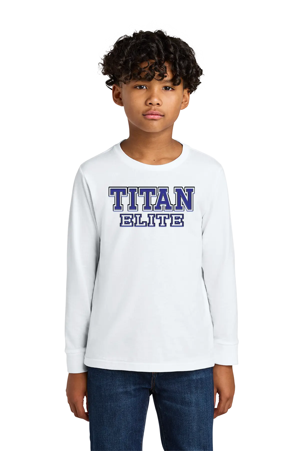 Child wearing a white long-sleeve shirt with 'TITAN ELITE' text on a white background. Paper Street Print Co, Blairstown, NJ.