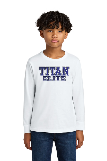 Child wearing a white long-sleeve shirt with 'TITAN ELITE' text on a white background. Paper Street Print Co, Blairstown, NJ.