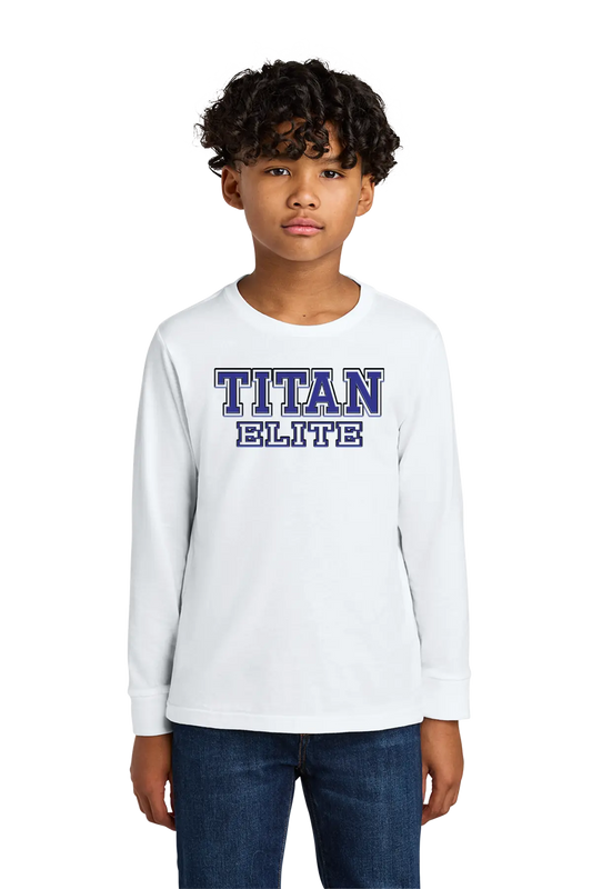 Child wearing a white long-sleeve shirt with 'TITAN ELITE' text on a white background. Paper Street Print Co, Blairstown, NJ.