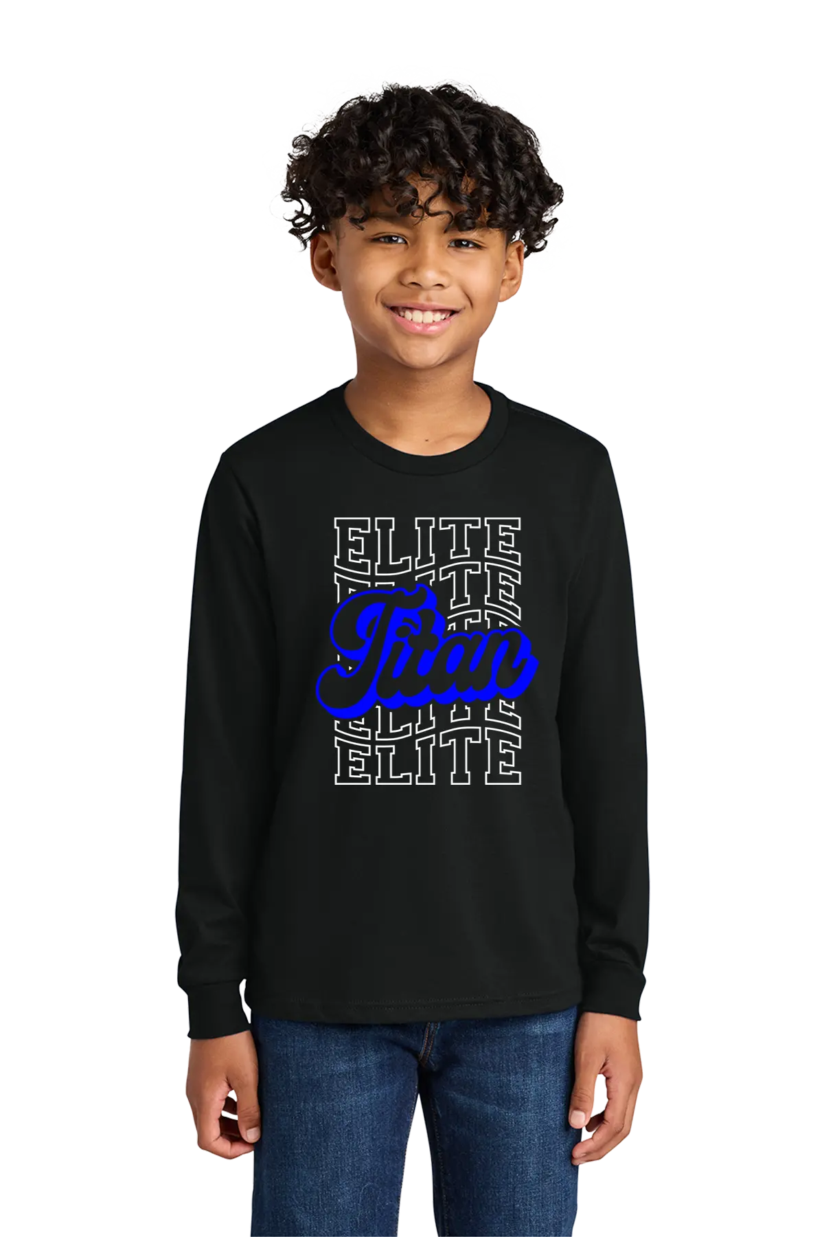 Child wearing a black long-sleeve shirt with 'Elite' text design on a white background. Paper Street Print Co, Blairstown, NJ.