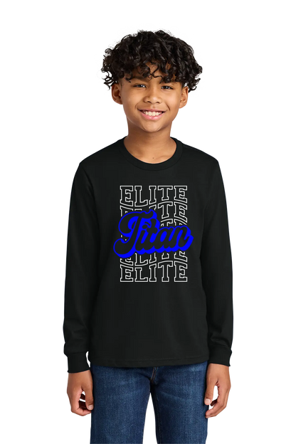 Child wearing a black long-sleeve shirt with 'Elite' text design on a white background. Paper Street Print Co, Blairstown, NJ.