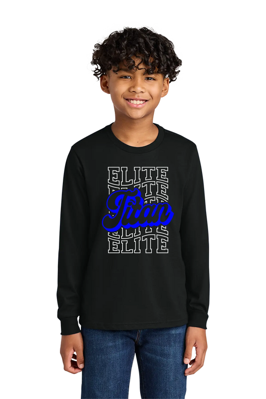 Child wearing a black long-sleeve shirt with 'Elite' text design on a white background. Paper Street Print Co, Blairstown, NJ.