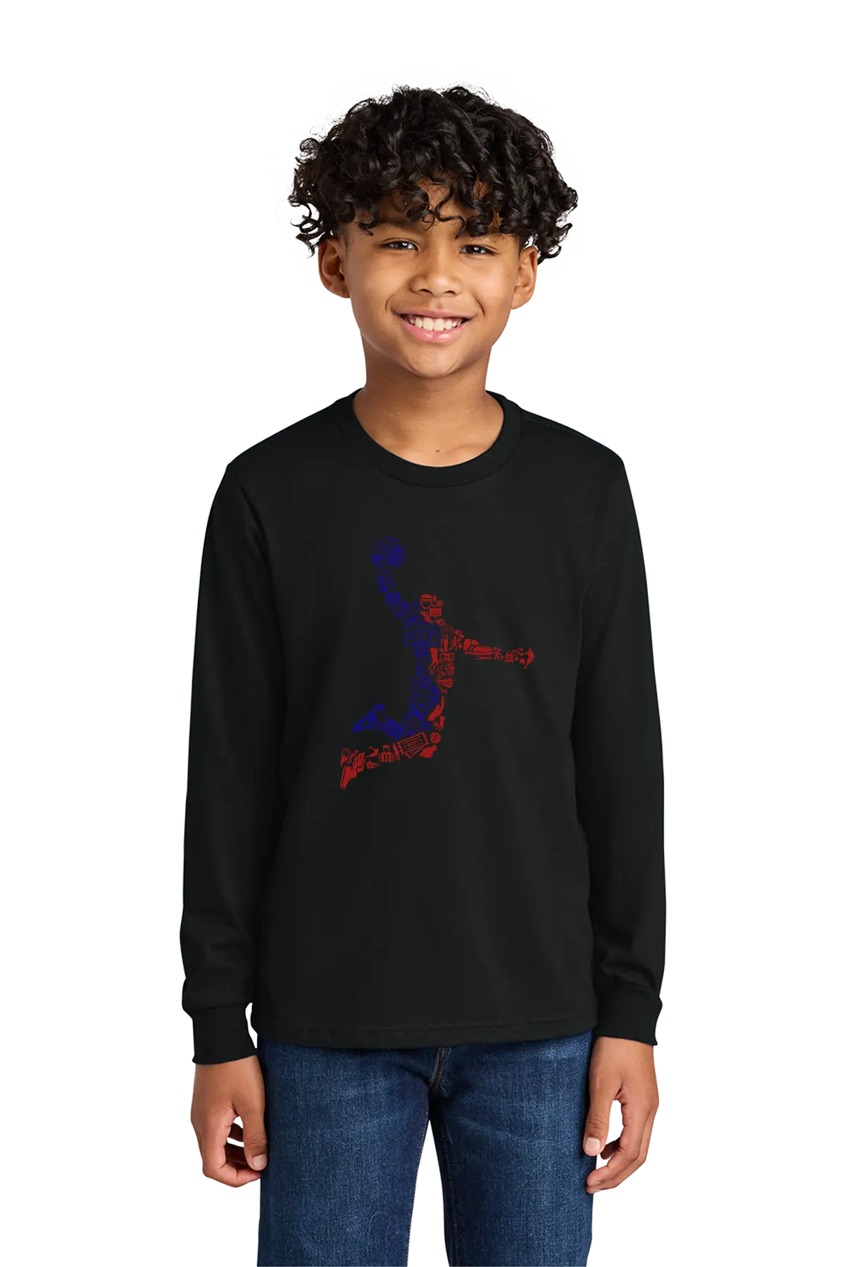 Child wearing a black long-sleeve shirt with a colorful design on a white background. Paper Street Print Co, Blairstown, NJ.