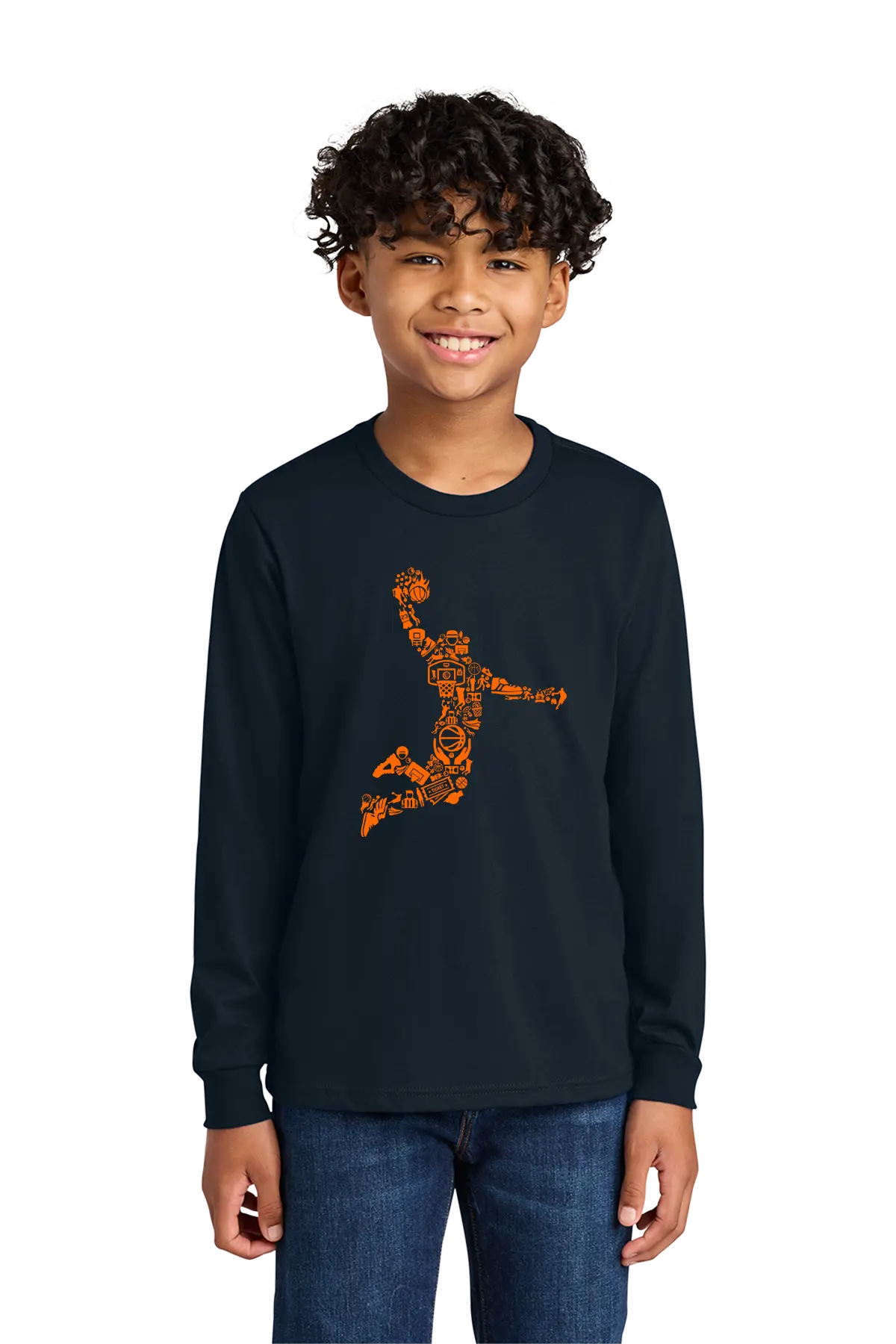 Child wearing a black long-sleeve shirt with an orange graphic design on a white background. Paper Street Print Co, Blairstown, NJ.