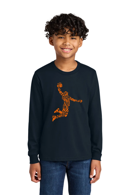 Child wearing a black long-sleeve shirt with an orange graphic design on a white background. Paper Street Print Co, Blairstown, NJ.