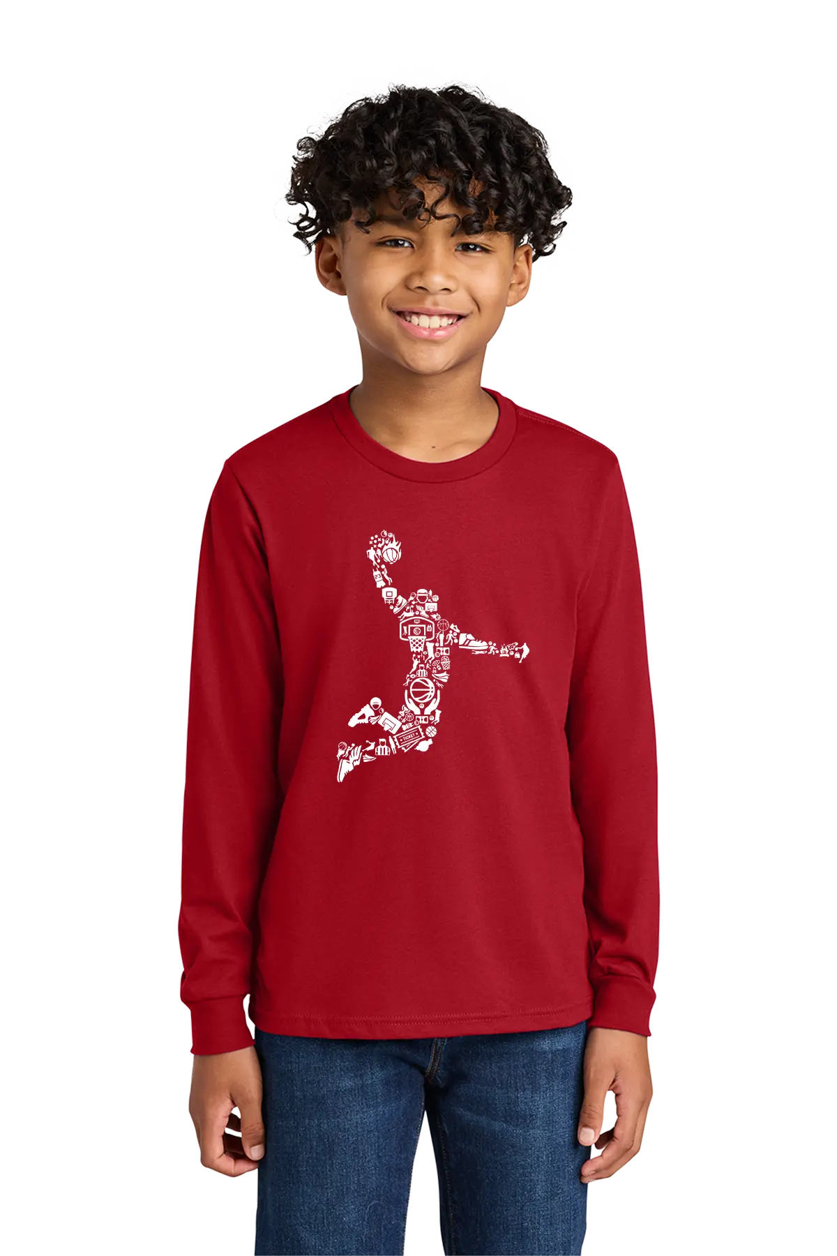 Child wearing a red long-sleeve shirt with a graphic design on a white background. Paper Street Print Co, Blairstown, NJ.