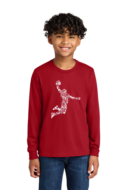 Child wearing a red long-sleeve shirt with a graphic design on a white background. Paper Street Print Co, Blairstown, NJ.