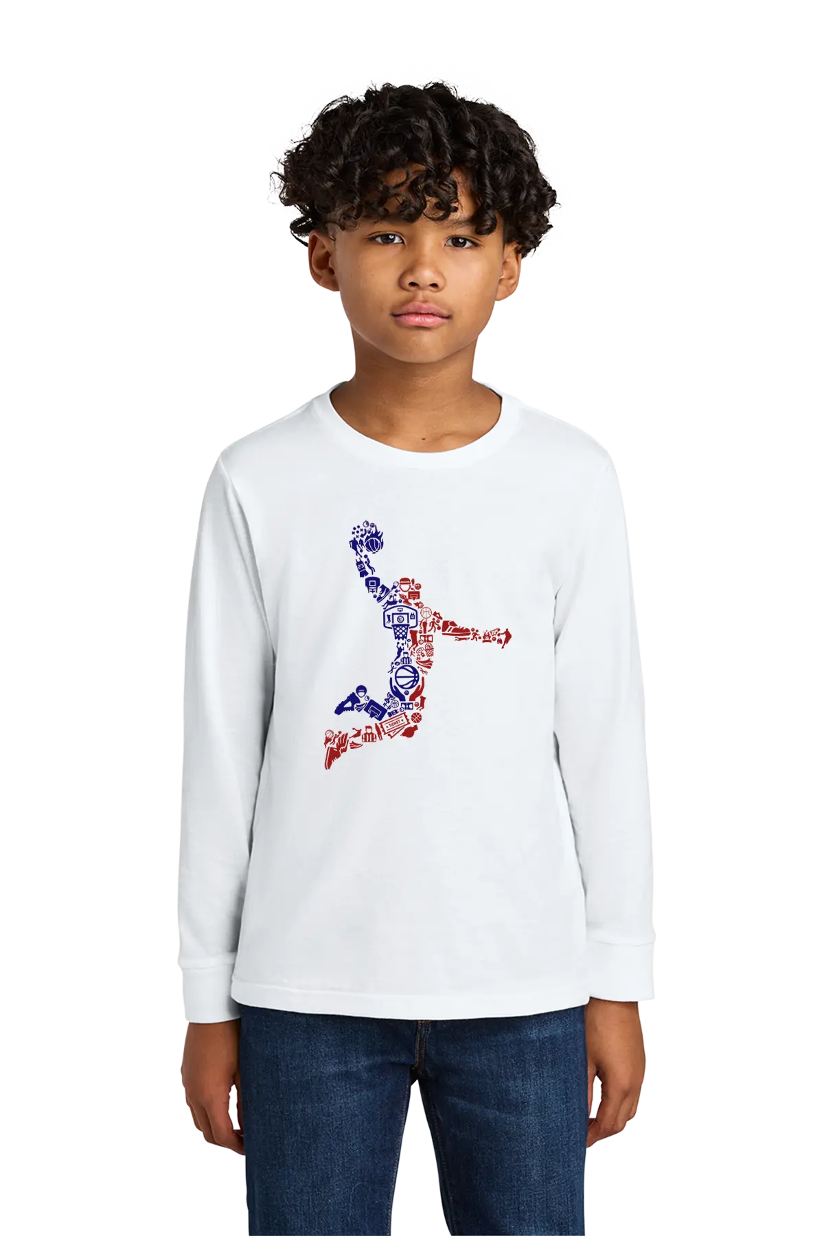 Child wearing a white long-sleeve shirt with a colorful graphic design on a white background. Paper Street Print Co, Blairstown, NJ.