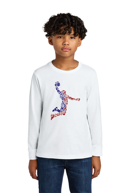 Child wearing a white long-sleeve shirt with a colorful graphic design on a white background. Paper Street Print Co, Blairstown, NJ.