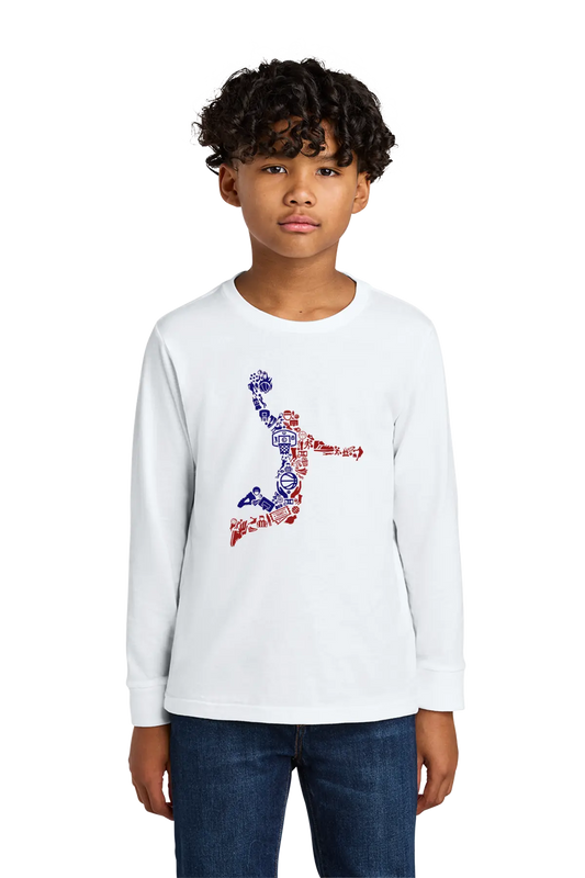 Child wearing a white long-sleeve shirt with a colorful graphic design on a white background. Paper Street Print Co, Blairstown, NJ.