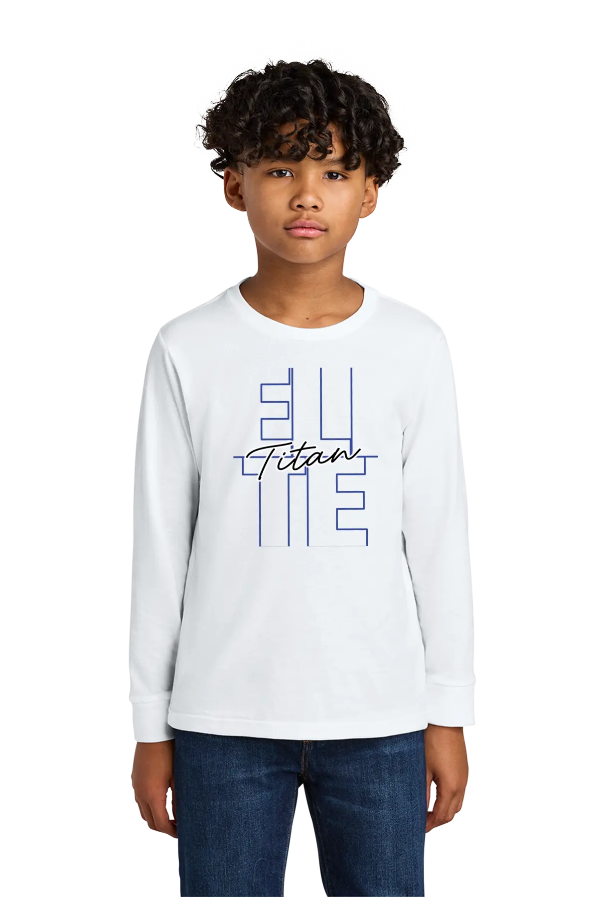Child wearing a white long-sleeve shirt with text on a white background. Paper Street Print Co, Blairstown, NJ.
