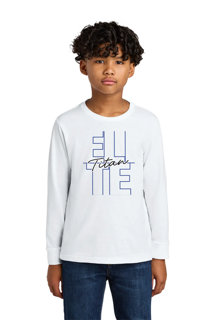 Child wearing a white long-sleeve shirt with text on a white background. Paper Street Print Co, Blairstown, NJ.