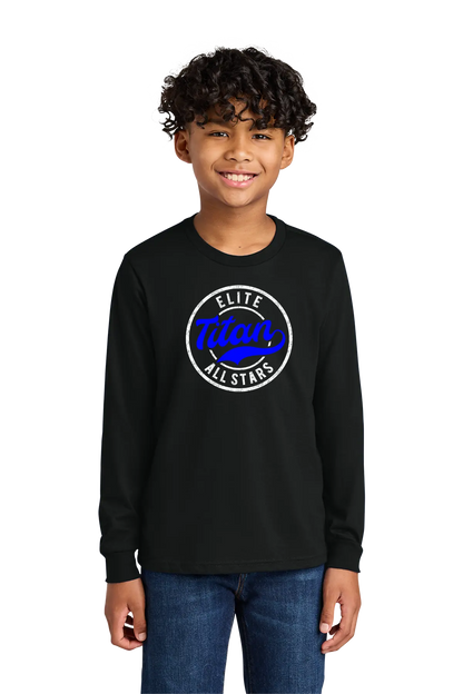 Child wearing a black long-sleeve shirt with 'Elite Titan All Stars' logo on a white background. Paper Street Print Co, Blairstown, NJ.