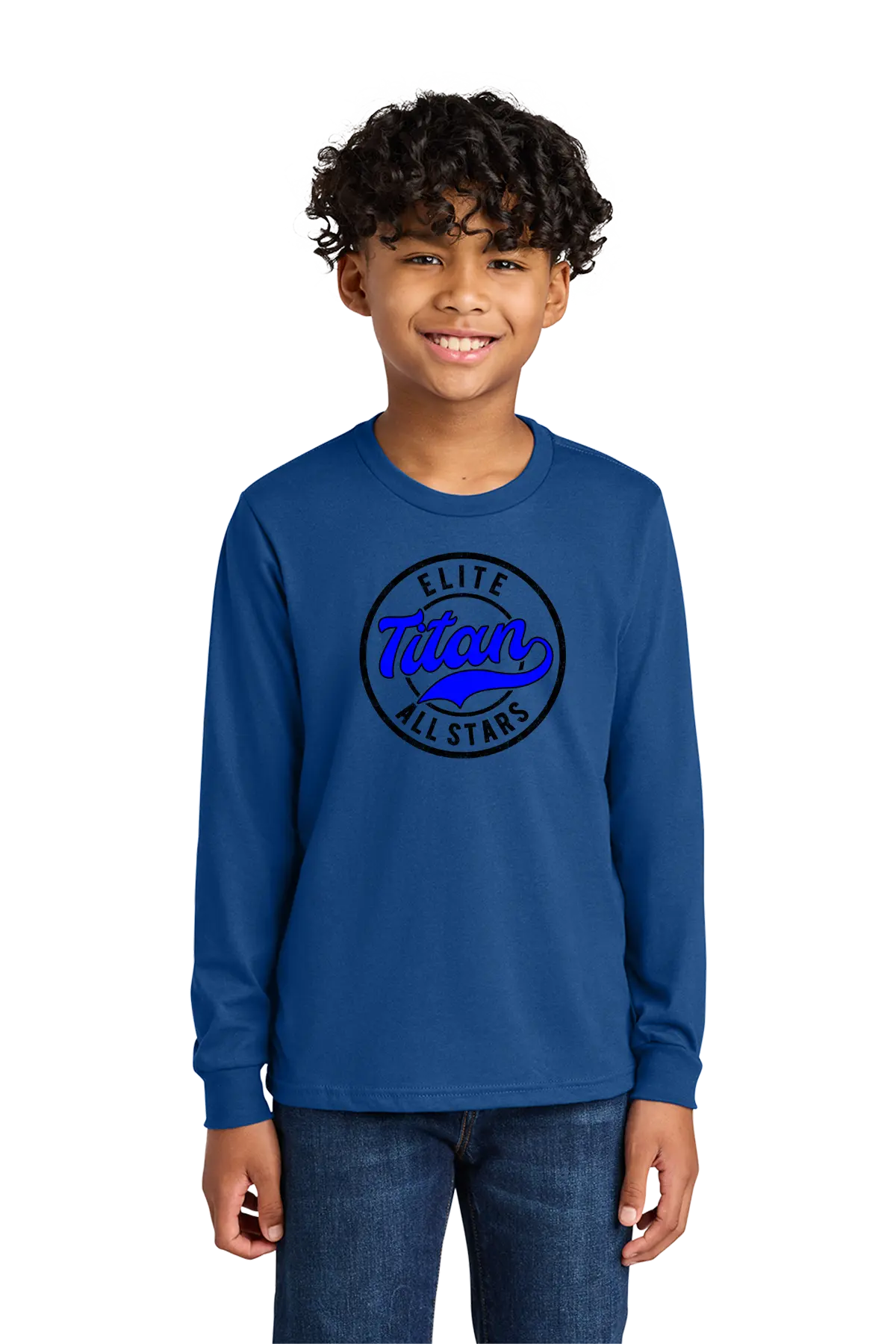 Child wearing a blue long-sleeve shirt with 'Elite Titan All Stars' logo on a white background. Paper Street Print Co, Blairstown, NJ.