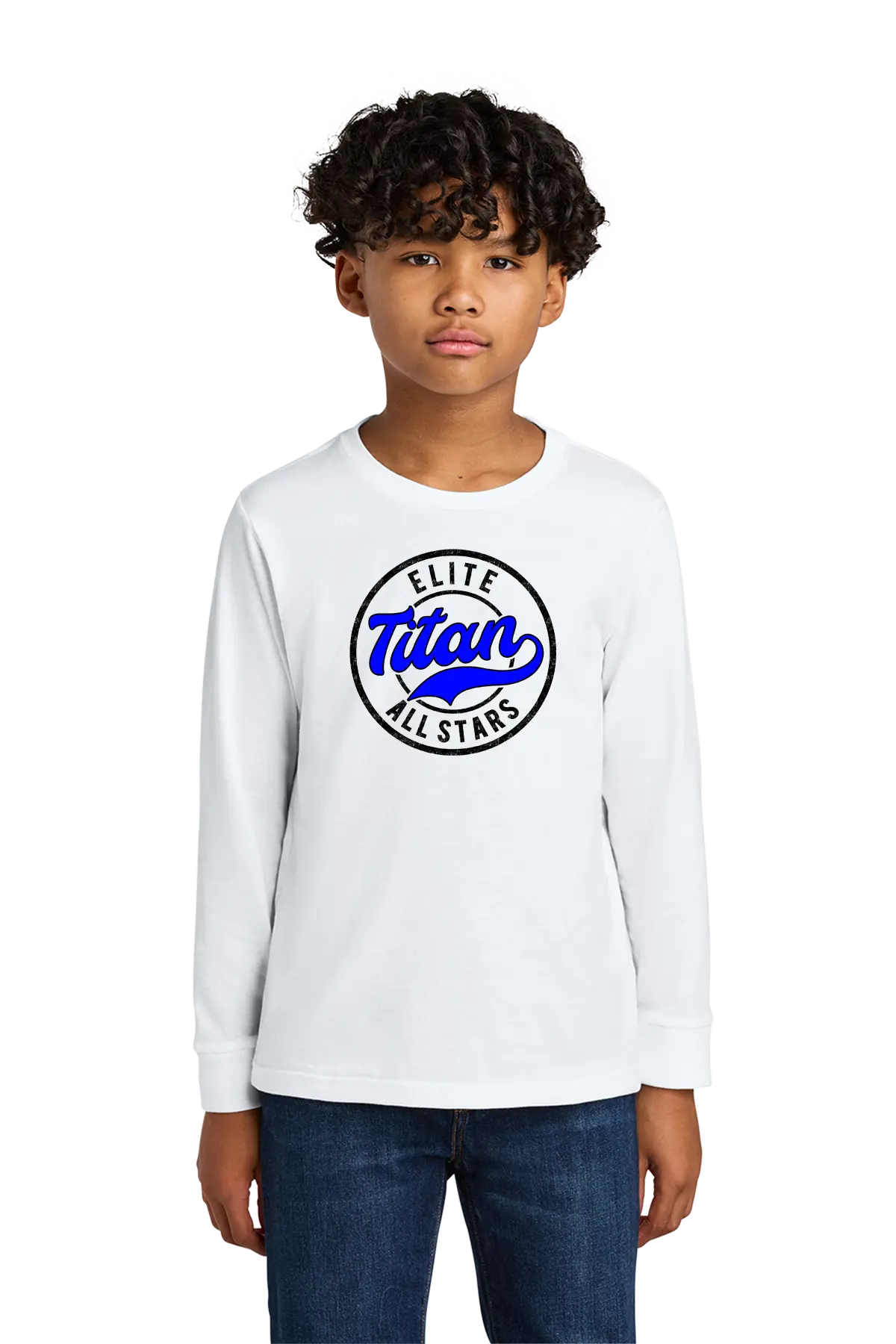 Child wearing a white long-sleeve shirt with 'Elite Titan All Stars' logo on a white background. Paper Street Print Co, Blairstown, NJ.