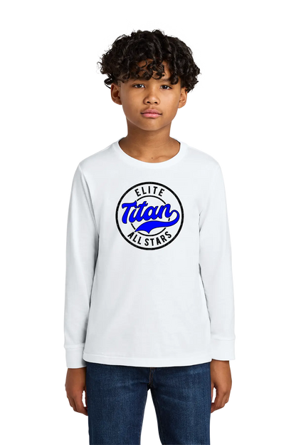 Child wearing a white long-sleeve shirt with 'Elite Titan All Stars' logo on a white background. Paper Street Print Co, Blairstown, NJ.