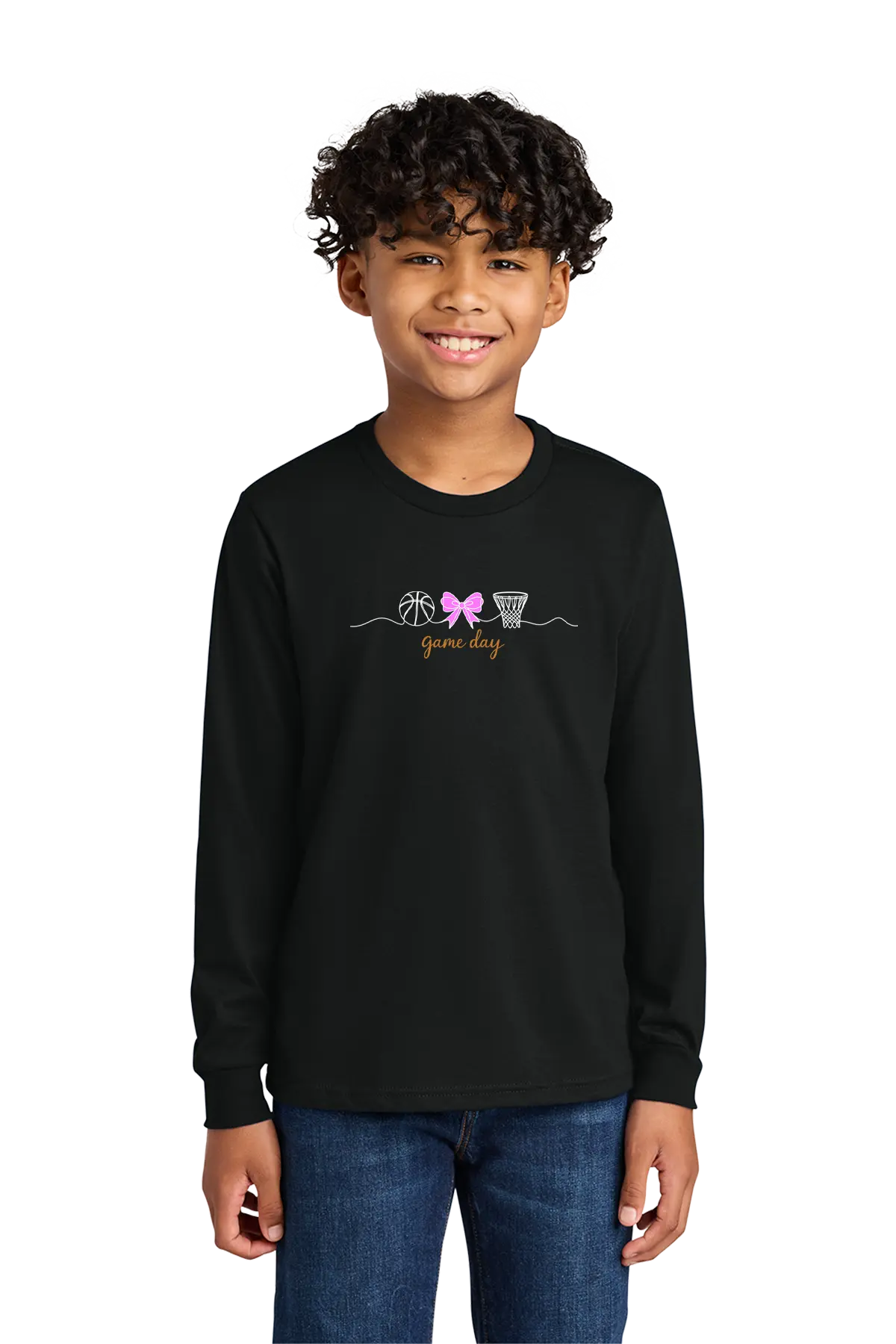 Child wearing a black long-sleeve shirt with a graphic design on a white background. Paper Street Print Co, Blairstown, NJ.