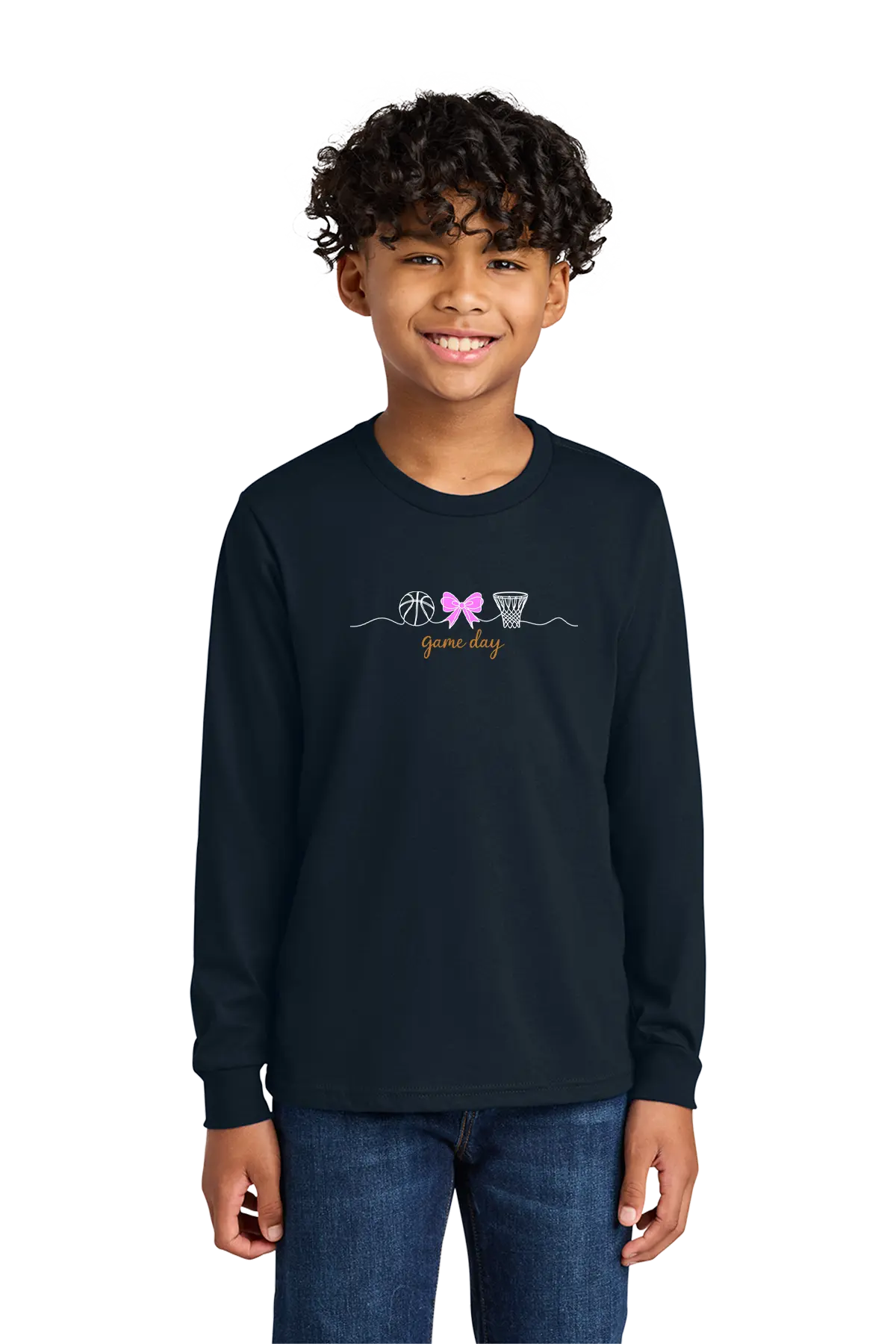 Child wearing a black long-sleeve shirt with a graphic design on a white background. Paper Street Print Co, Blairstown, NJ.